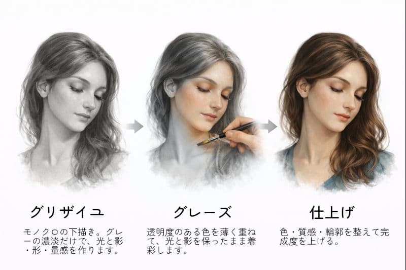 グリザイユ→グレーズ→仕上げの工程イメージ