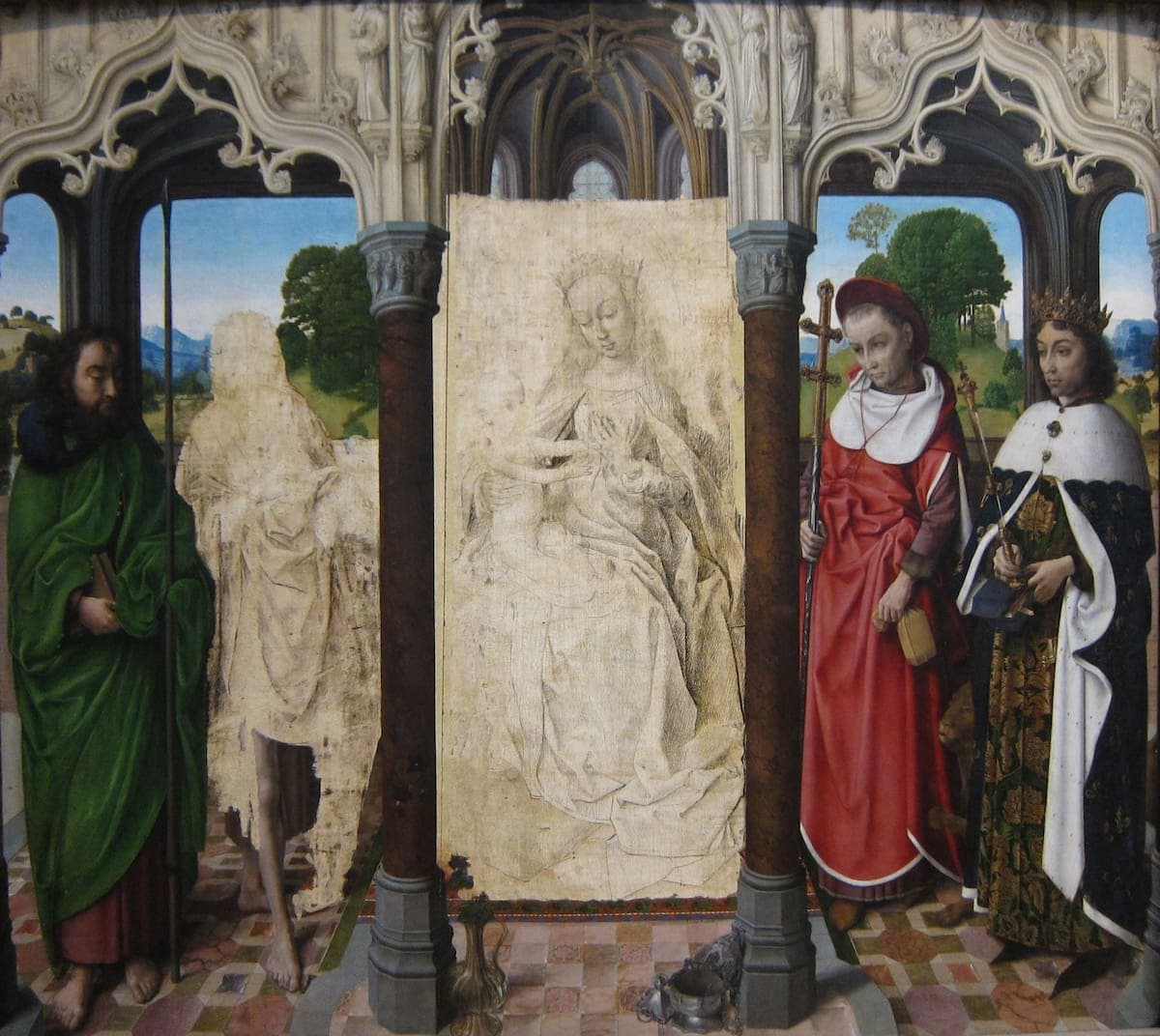 ネーデルラントの画家（ヒューゴー・ファン・デル・グースの可能性）『聖人に囲まれた聖母子』の下描きが見える部分