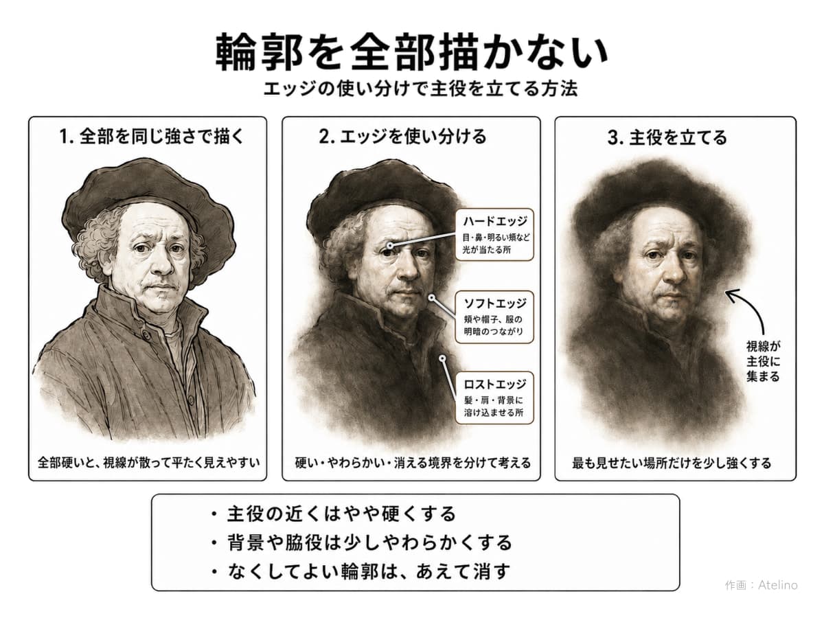 輪郭の強弱（ハード・ソフト・ロストエッジ）を示すAtelinoの参考図