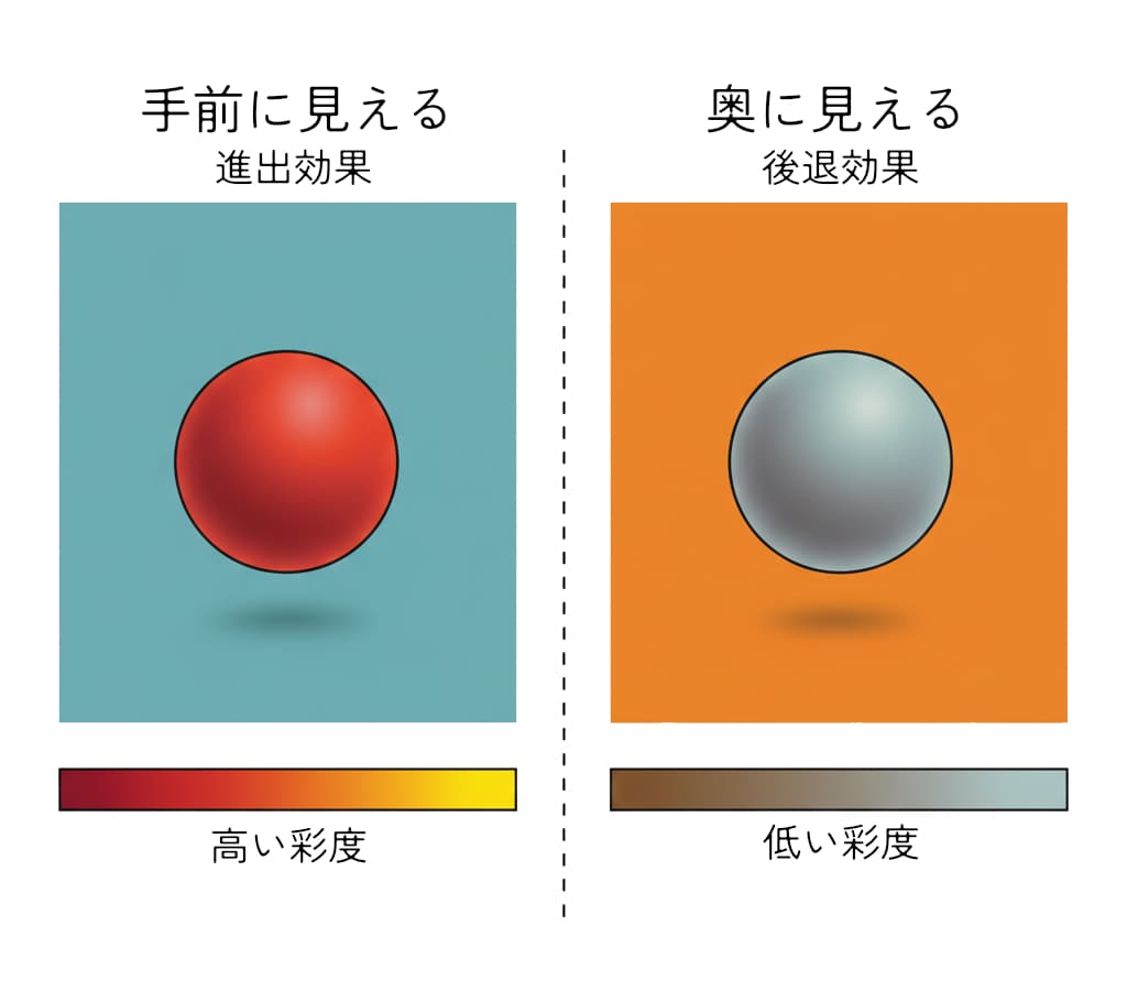 高彩度は手前に、低彩度は奥に見える（進出効果／後退効果）の説明図