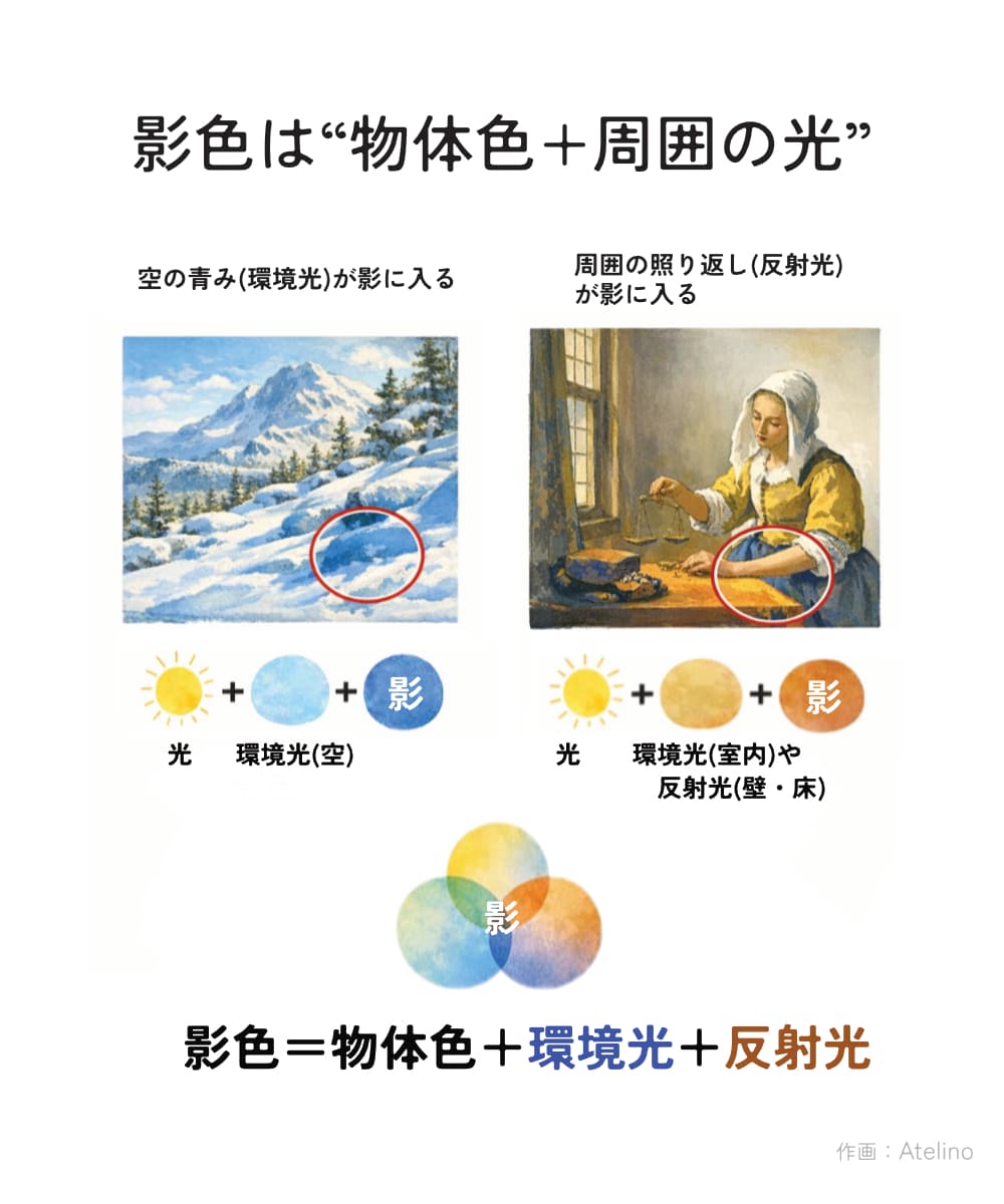 影色は物体色と環境光と反射光で決まる説明図