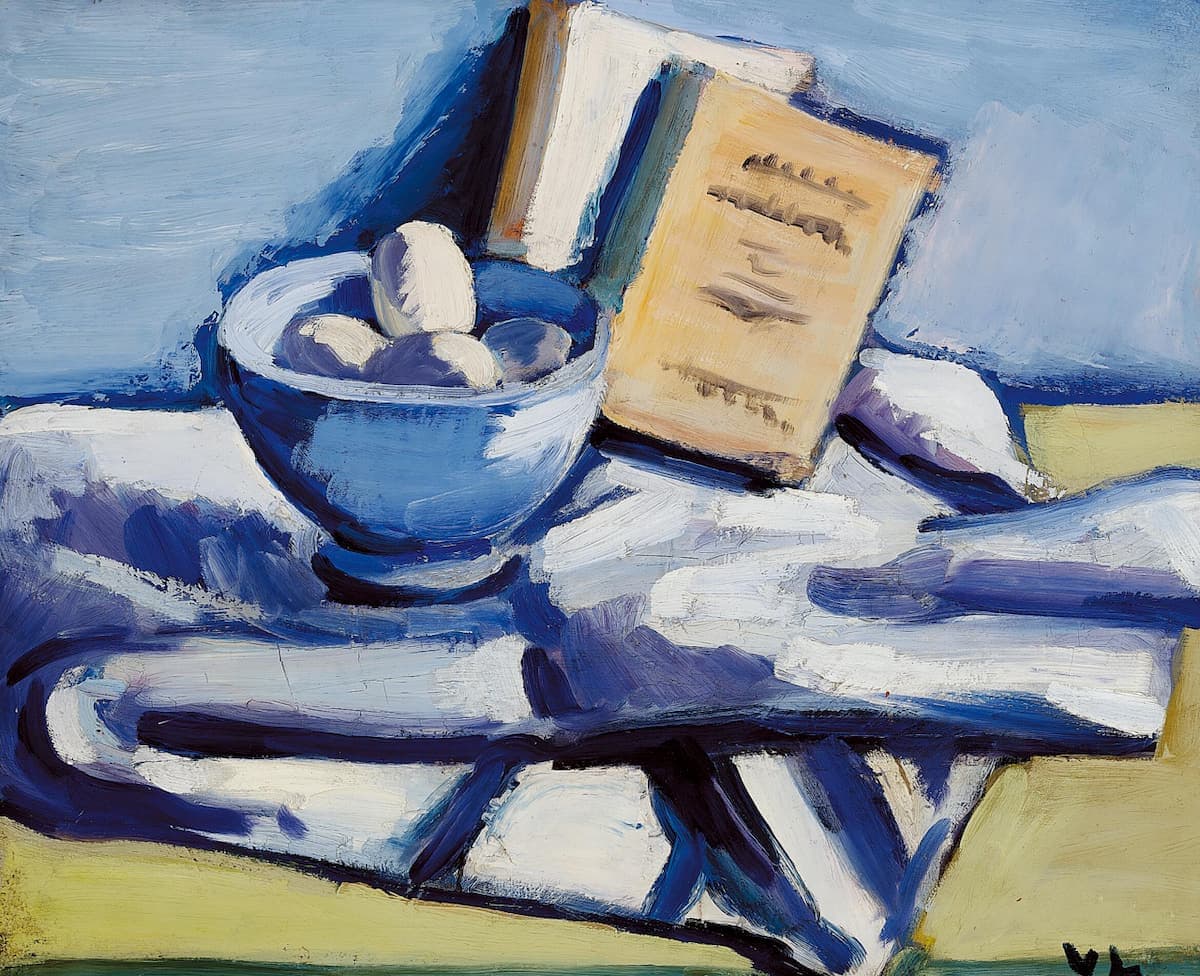 ヴィルヘルム・ルンドストローム『白い布の上の静物（卵の入った鉢と2冊の本）』