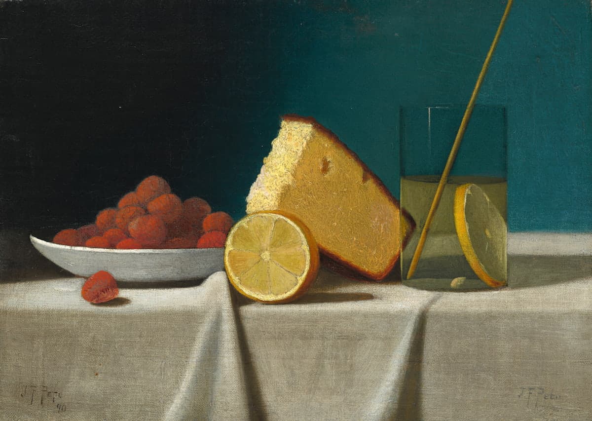 ジョン・フレデリック・ペト《Still Life with Cake, Lemon, Strawberries, and Glass》のガラス反射