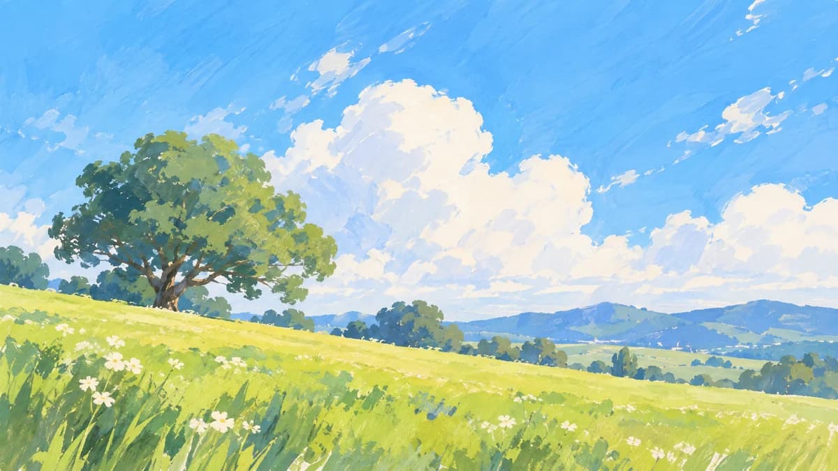 青空の下の草原と一本の木を描いた風景イラスト